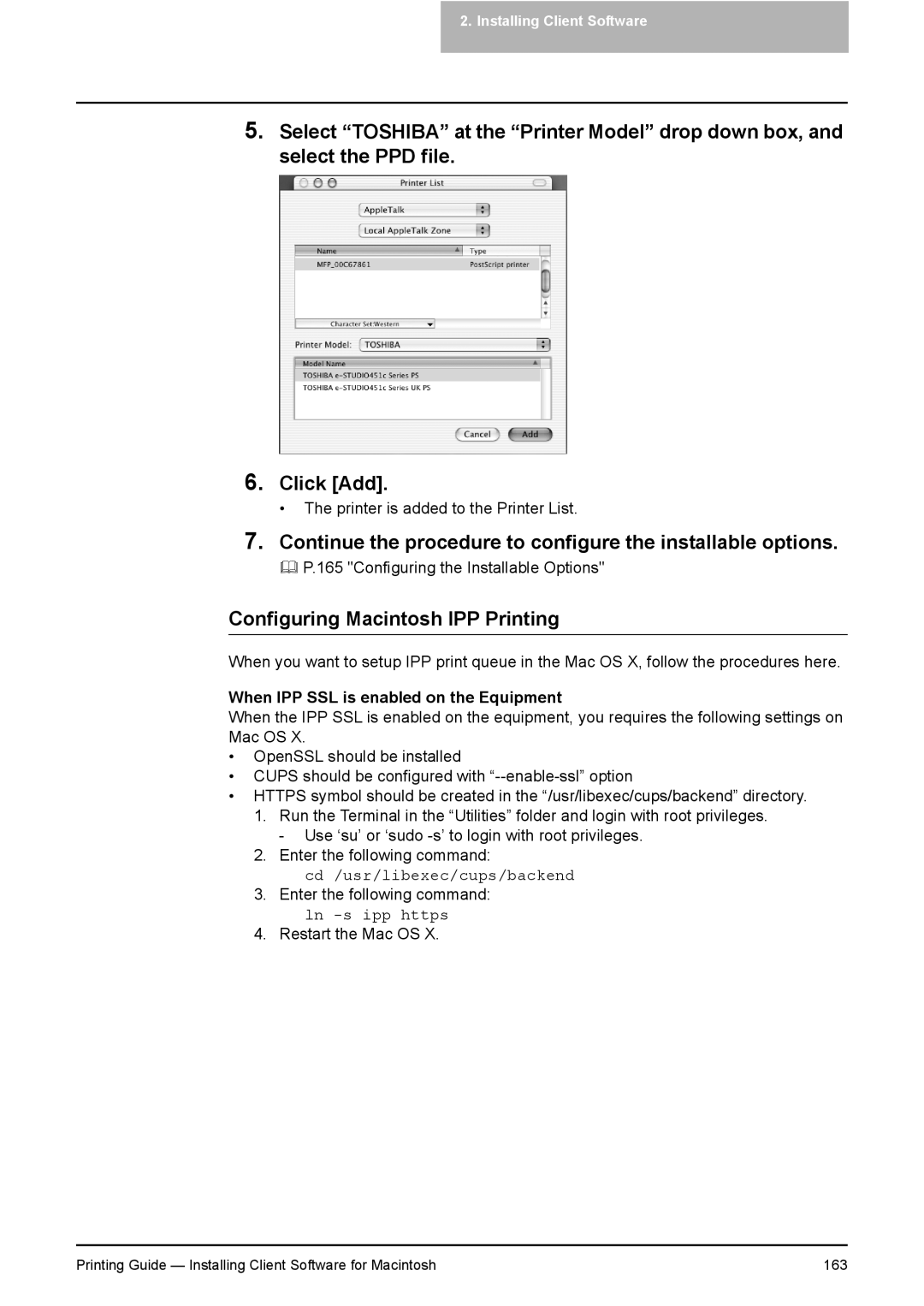 Toshiba 281C, 451C, 351C manual Configuring Macintosh IPP Printing, When IPP SSL is enabled on the Equipment 