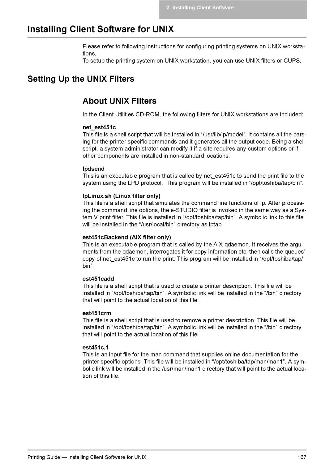 Toshiba 351C, 451C, 281C manual Setting Up the Unix Filters About Unix Filters 