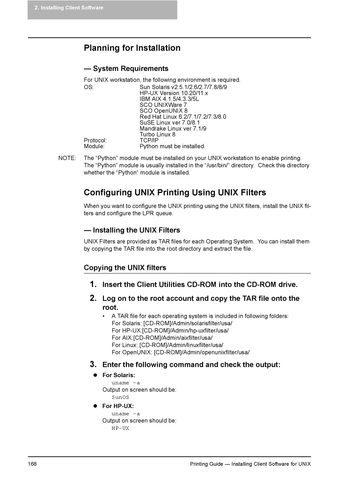 Toshiba 451C, 281C, 351C Configuring Unix Printing Using Unix Filters, System Requirements, Installing the Unix Filters 