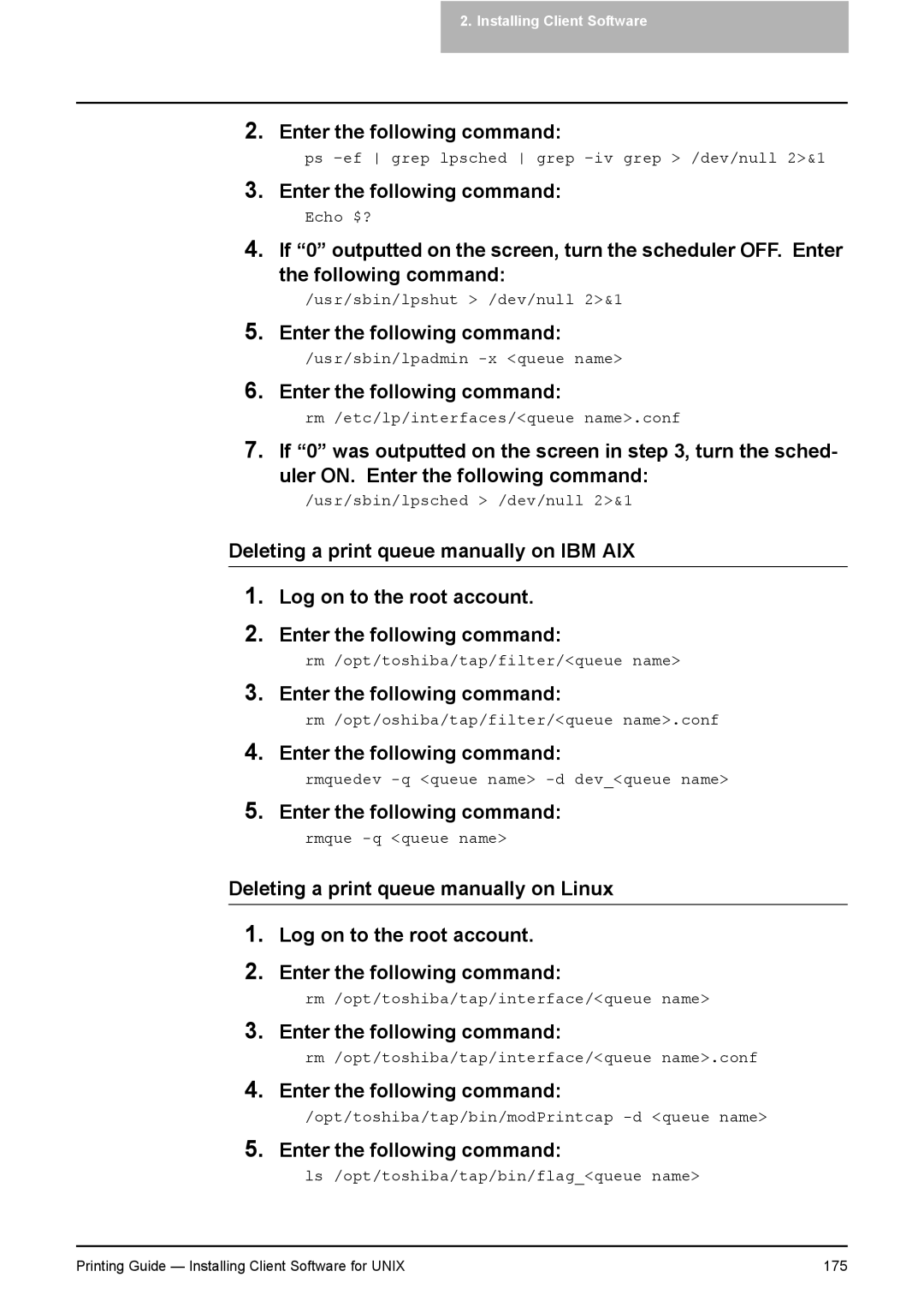 Toshiba 281C, 451C, 351C manual Usr/sbin/lpadmin -x queue name 