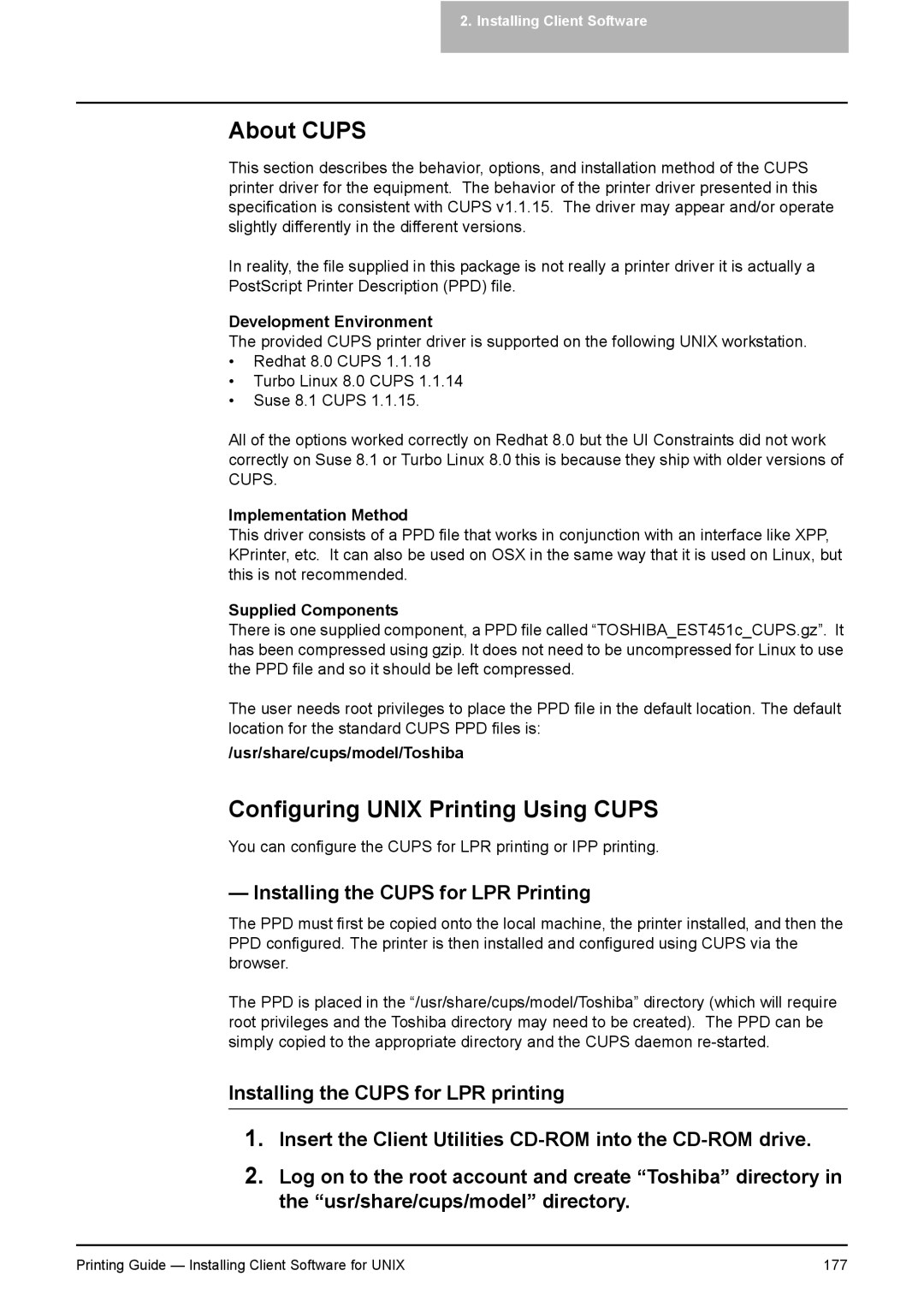 Toshiba 451C, 281C, 351C manual About Cups, Configuring Unix Printing Using Cups, Installing the Cups for LPR Printing 