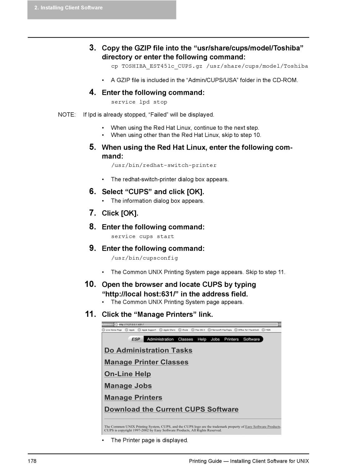 Toshiba 281C, 451C, 351C manual When using the Red Hat Linux, enter the following com- mand, Select Cups and click OK 