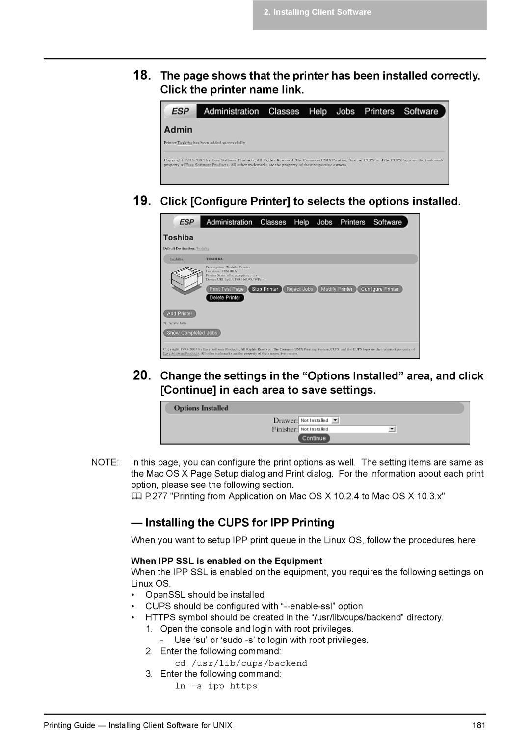 Toshiba 281C, 451C, 351C manual Installing the Cups for IPP Printing, Cd /usr/lib/cups/backend 