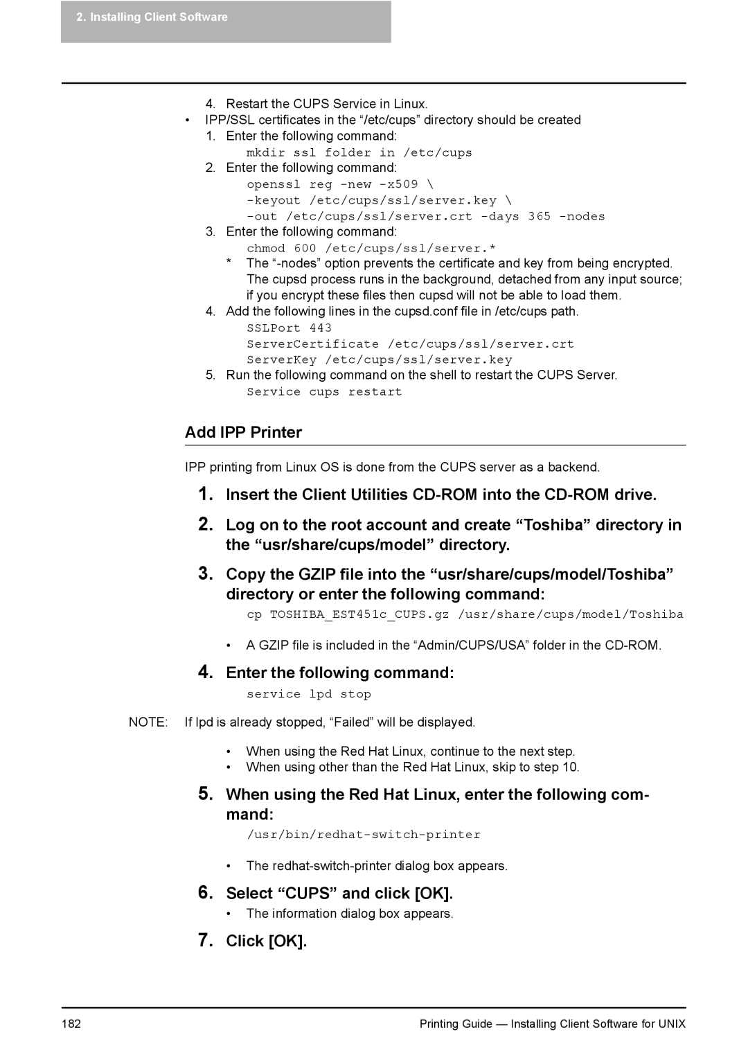 Toshiba 351C, 451C, 281C manual Add IPP Printer, Chmod 600 /etc/cups/ssl/server 