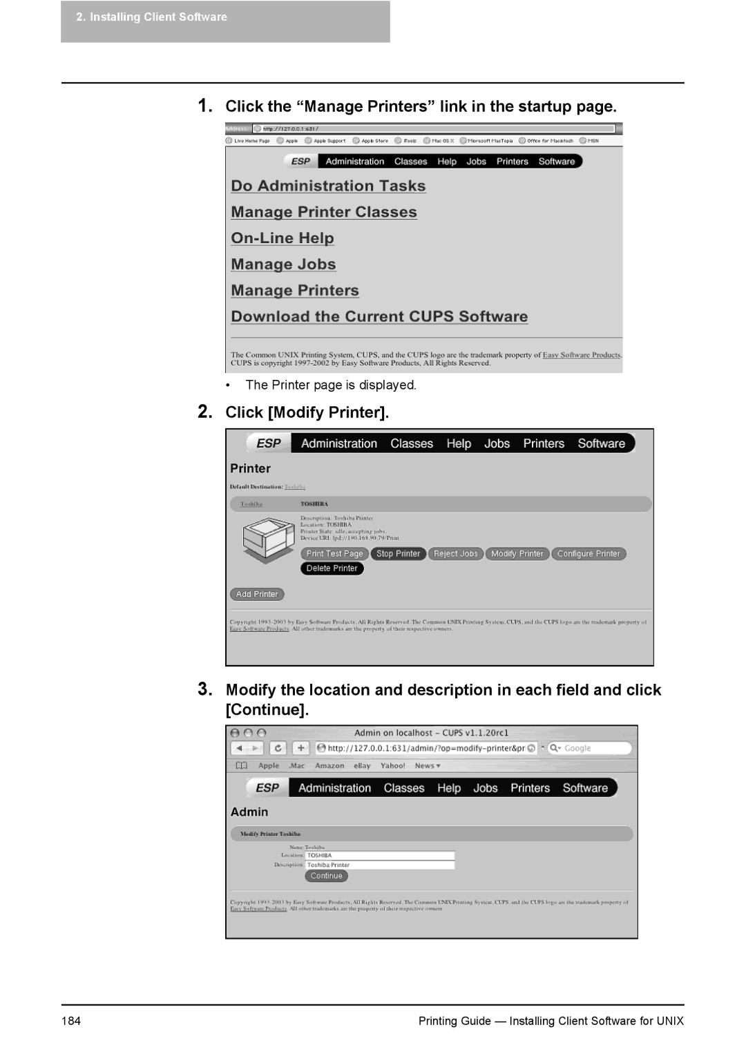 Toshiba 281C, 451C, 351C manual Click the Manage Printers link in the startup 