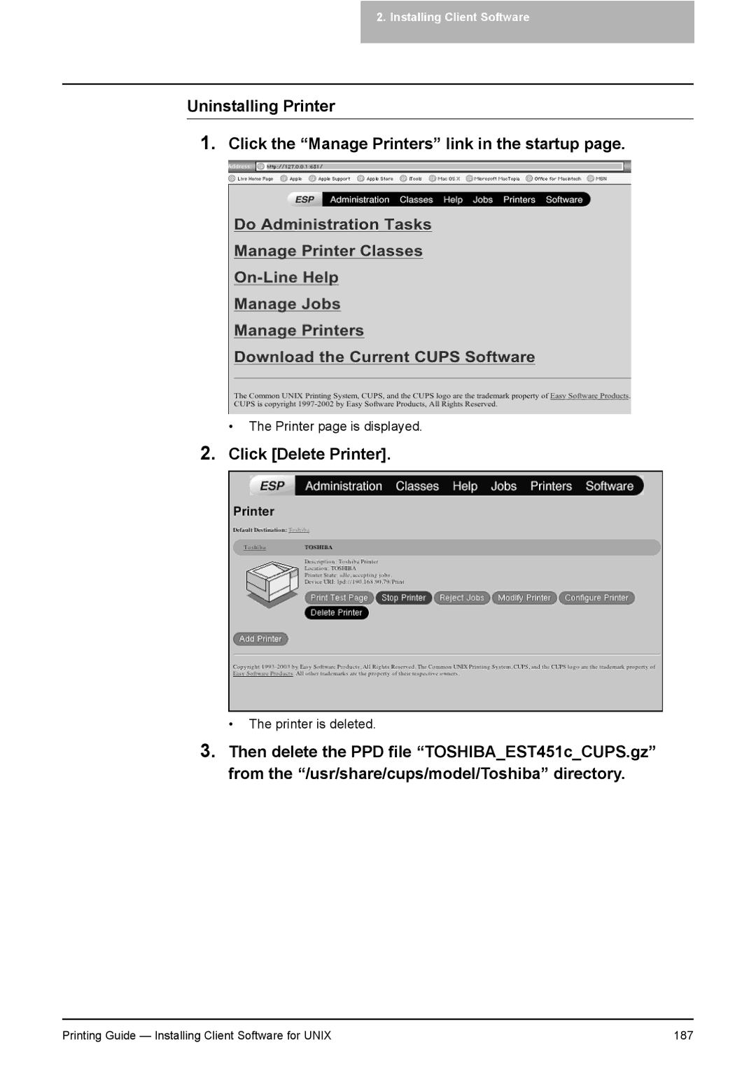 Toshiba 281C, 451C, 351C manual Click Delete Printer 