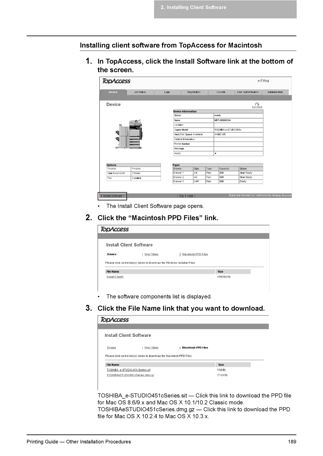 Toshiba 451C, 281C, 351C manual Click the Macintosh PPD Files link, Click the File Name link that you want to download 