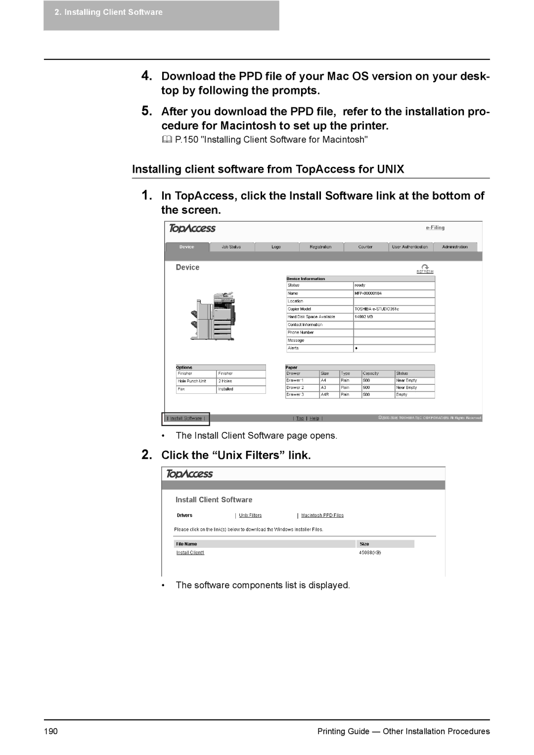 Toshiba 281C, 451C, 351C manual Click the Unix Filters link 