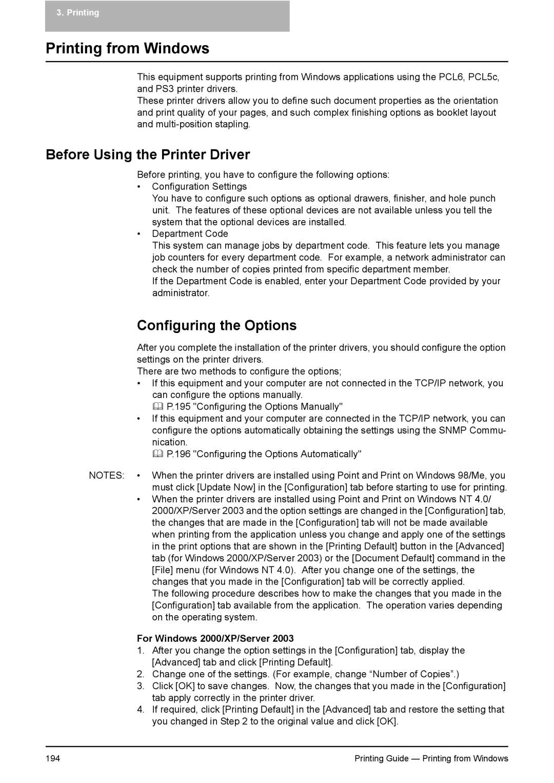 Toshiba 351C, 451C, 281C manual Before Using the Printer Driver, Configuring the Options, For Windows 2000/XP/Server 