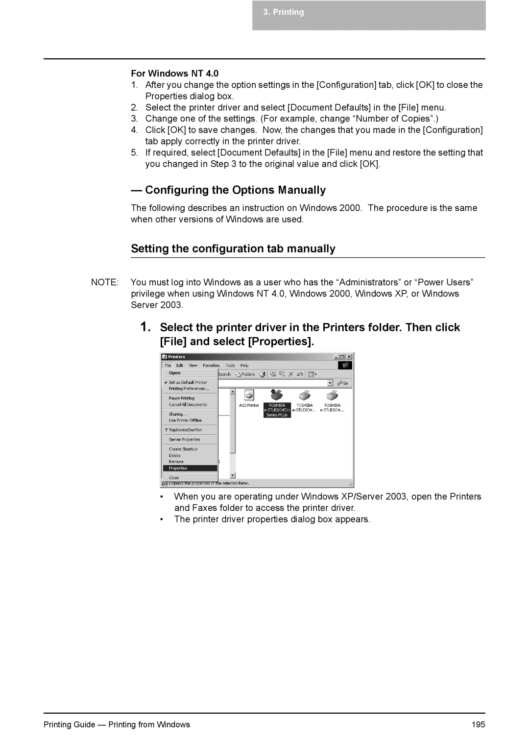 Toshiba 451C, 281C, 351C manual Configuring the Options Manually, For Windows NT 