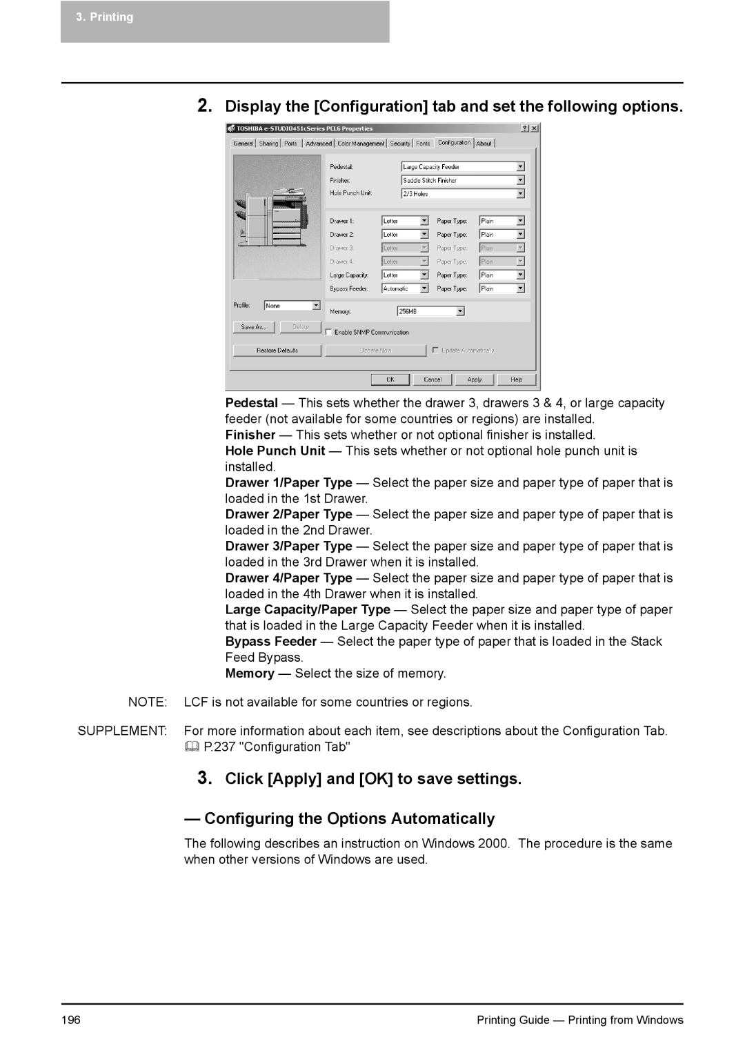 Toshiba 281C, 451C, 351C manual Display the Configuration tab and set the following options 