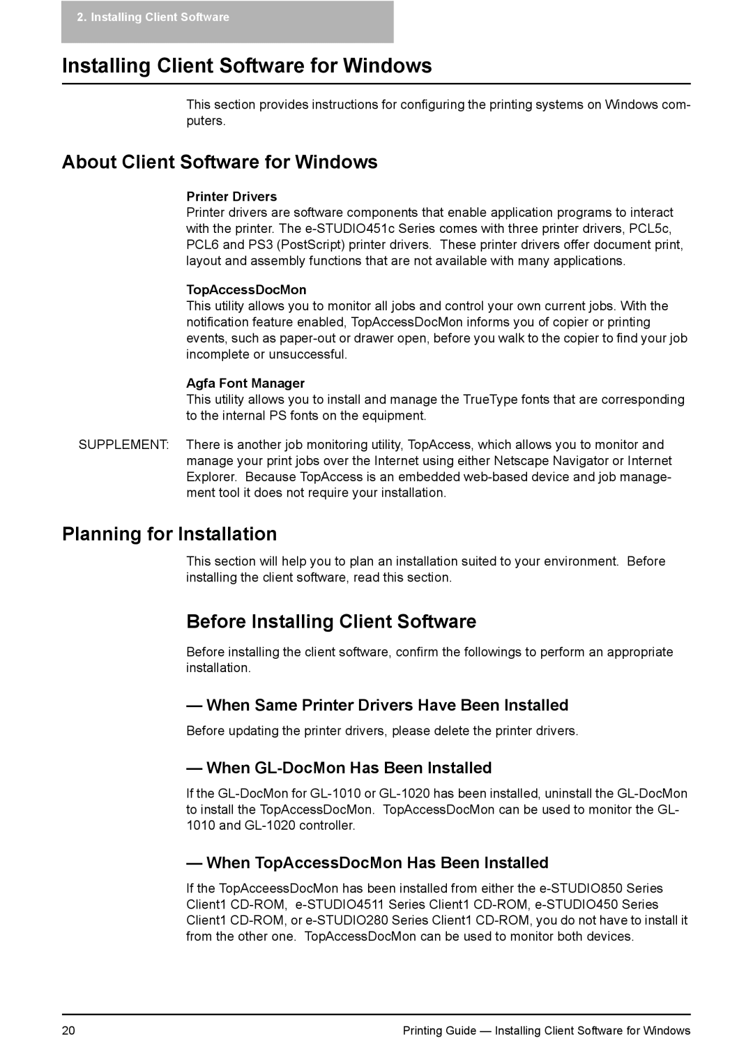 Toshiba 351C, 451C, 281C About Client Software for Windows, Planning for Installation, Before Installing Client Software 