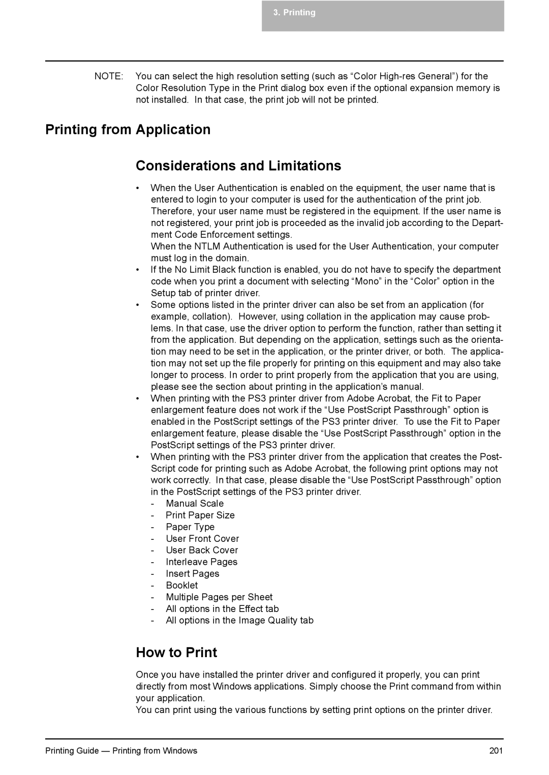 Toshiba 451C, 281C, 351C manual Printing from Application Considerations and Limitations, How to Print 