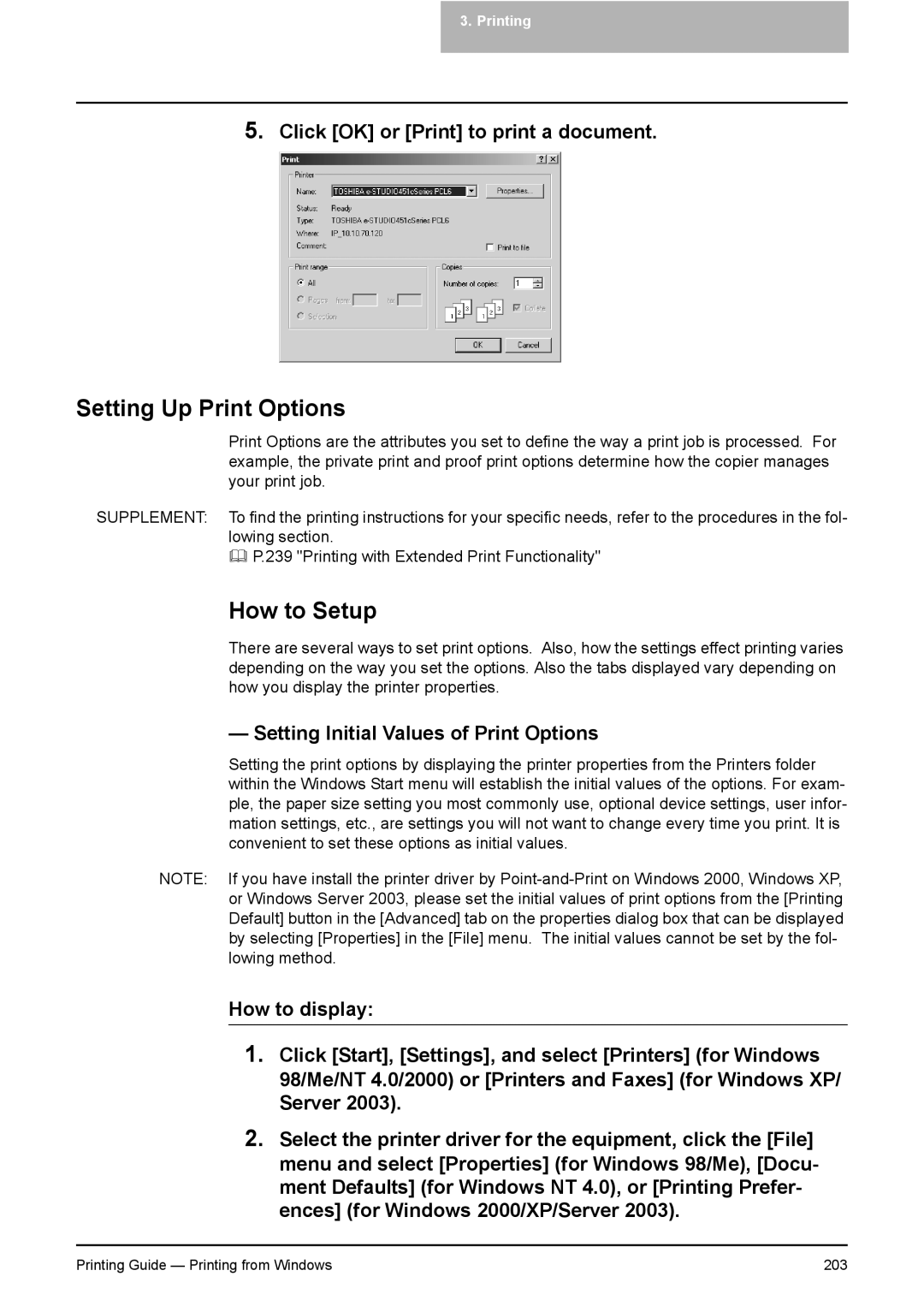 Toshiba 351C, 451C, 281C manual Setting Up Print Options, How to Setup, Click OK or Print to print a document 