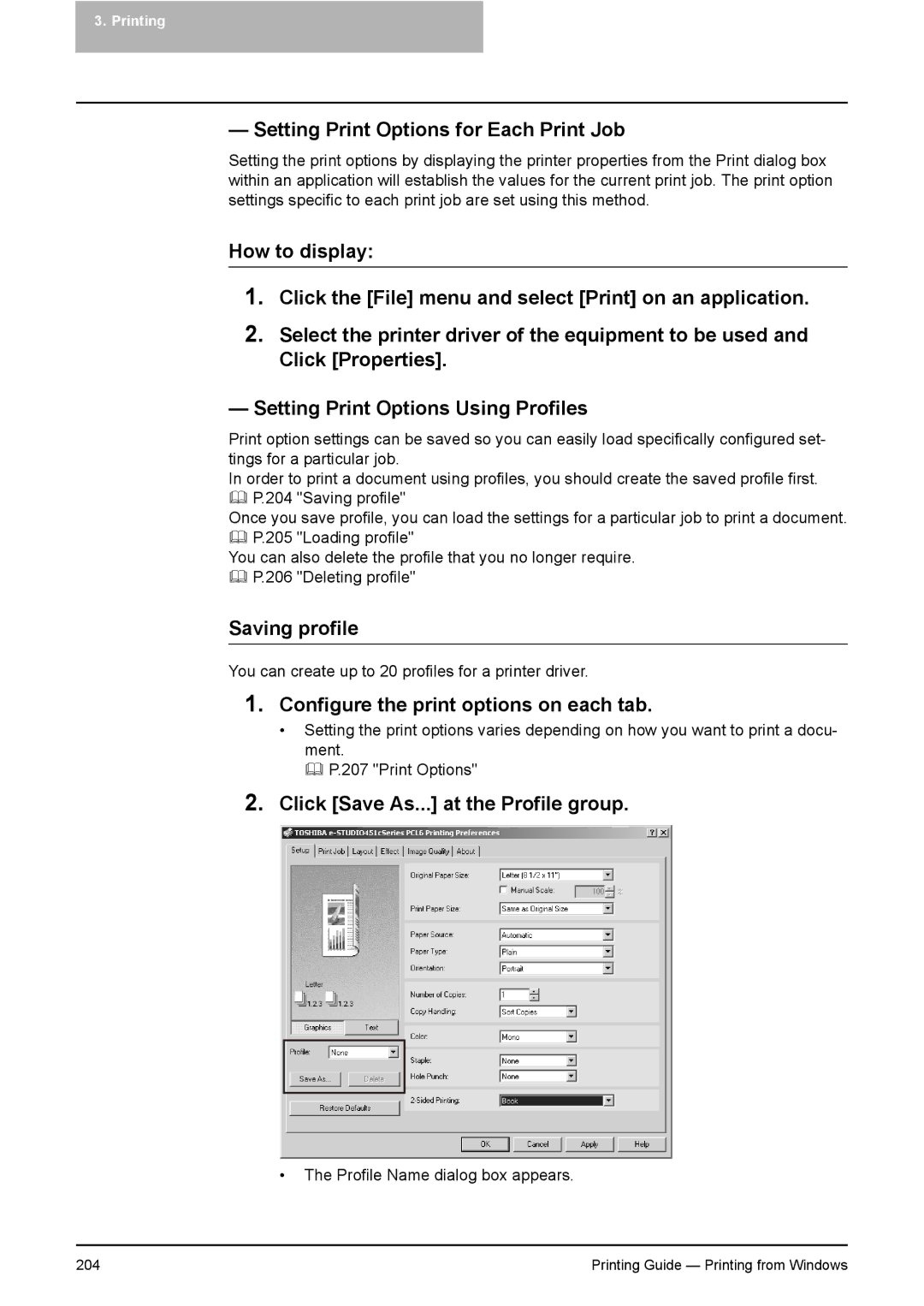 Toshiba 451C, 281C, 351C Setting Print Options for Each Print Job, Saving profile, Configure the print options on each tab 