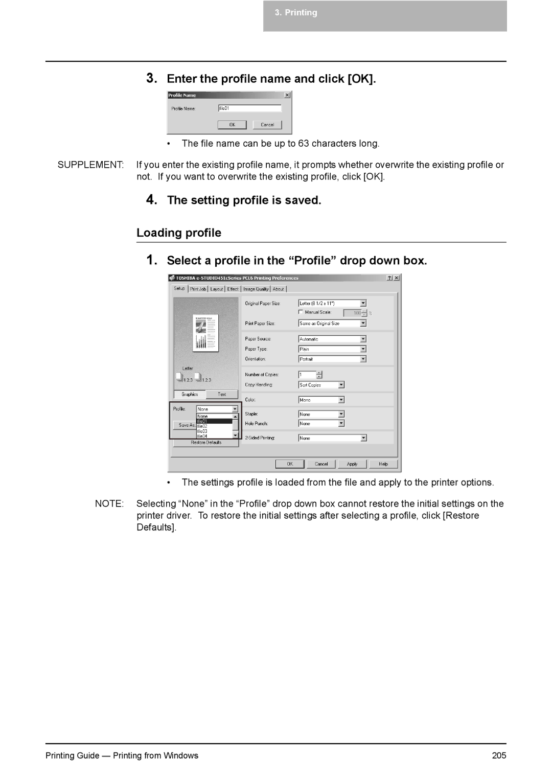 Toshiba 281C, 451C, 351C manual Enter the profile name and click OK 