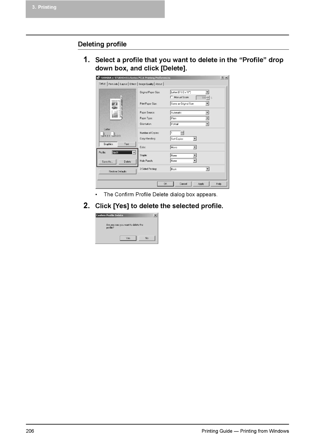 Toshiba 351C, 451C, 281C manual Click Yes to delete the selected profile 