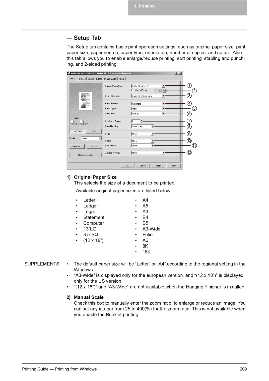 Toshiba 351C, 451C, 281C manual Setup Tab, Original Paper Size, Manual Scale 