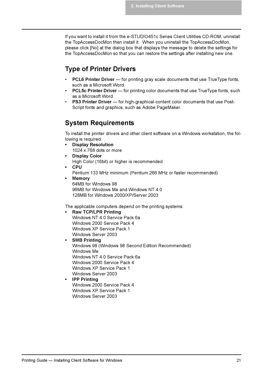 Toshiba 451C, 281C, 351C manual Type of Printer Drivers, System Requirements 