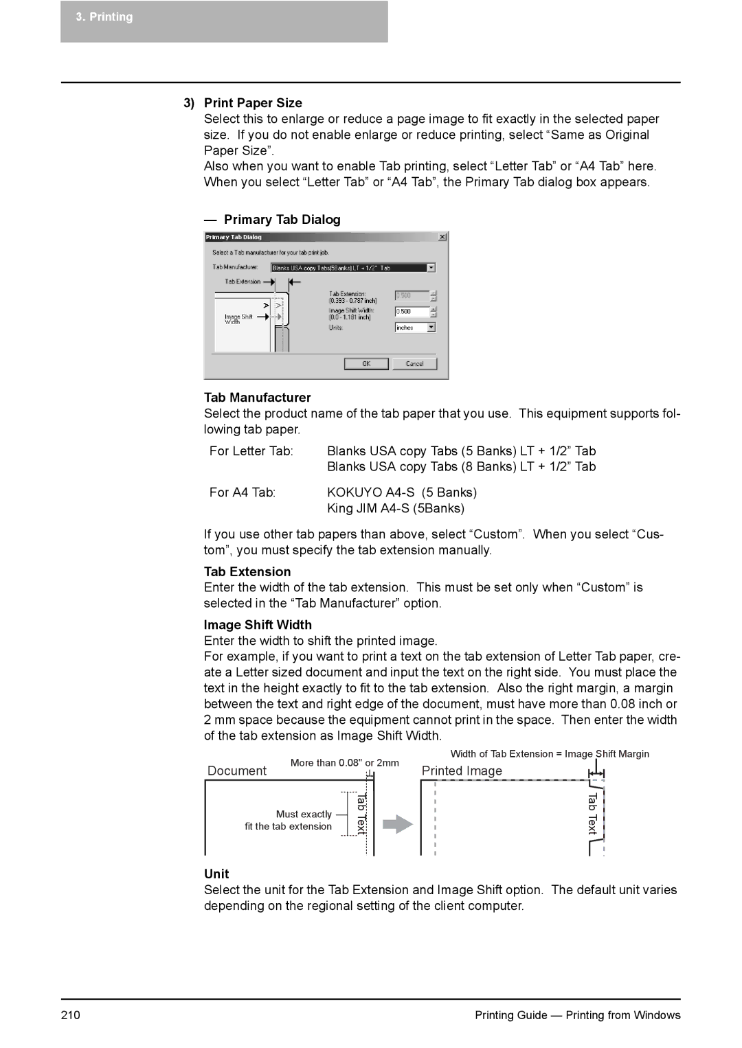 Toshiba 451C, 281C, 351C manual Print Paper Size, Primary Tab Dialog Tab Manufacturer, Tab Extension, Image Shift Width, Unit 