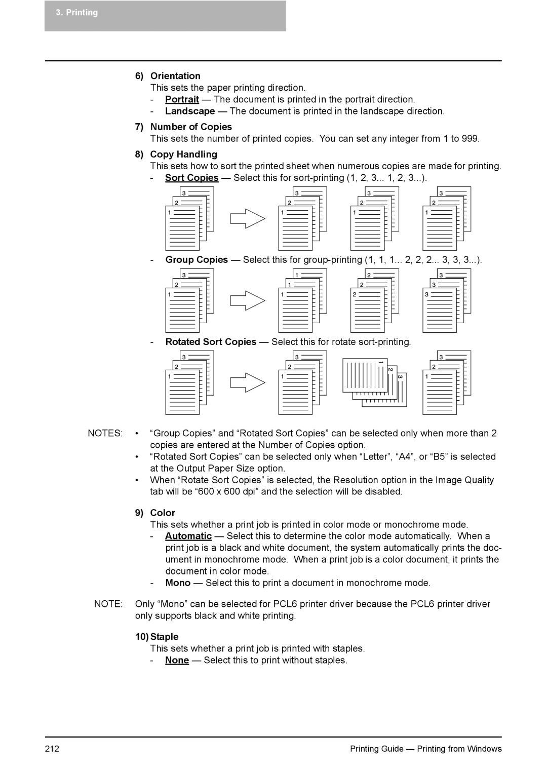 Toshiba 351C, 451C, 281C manual Orientation, Number of Copies, Copy Handling, Color, 10Staple 