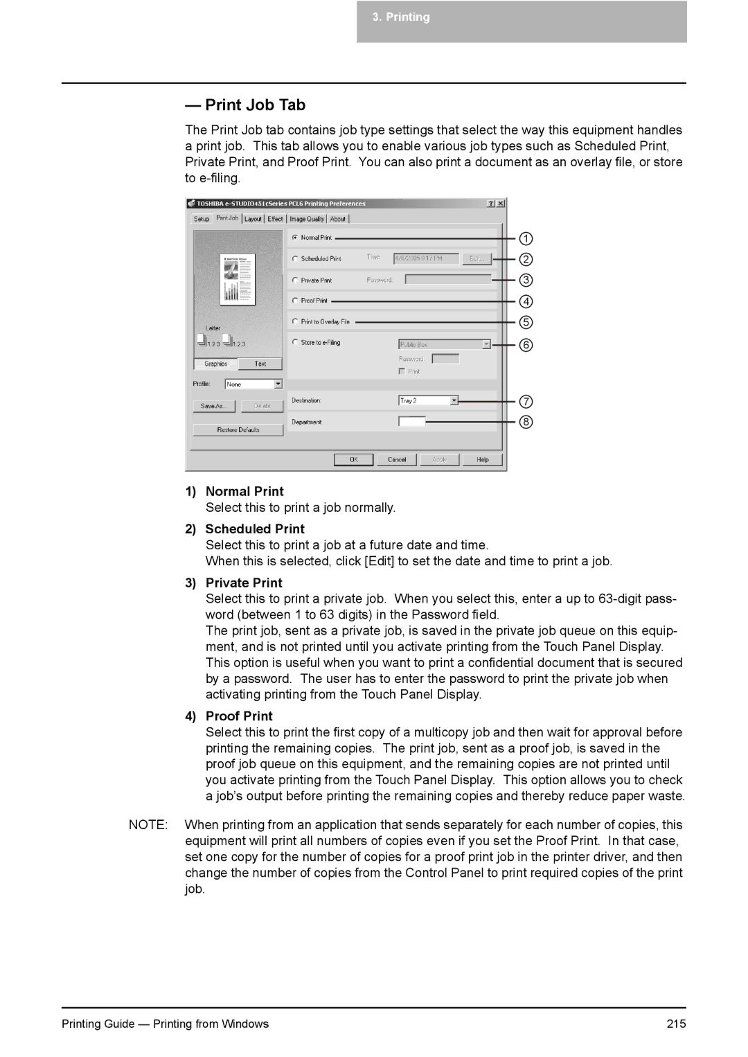 Toshiba 351C, 451C, 281C manual Print Job Tab, Normal Print, Scheduled Print, Private Print, Proof Print 