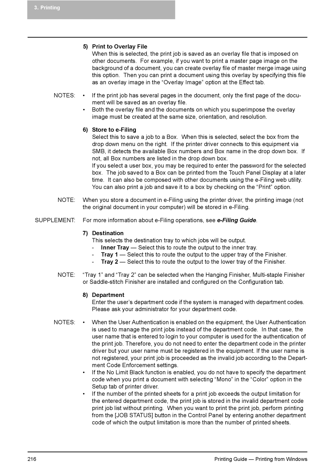 Toshiba 451C, 281C, 351C manual Print to Overlay File, Store to e-Filing, Destination, Department 