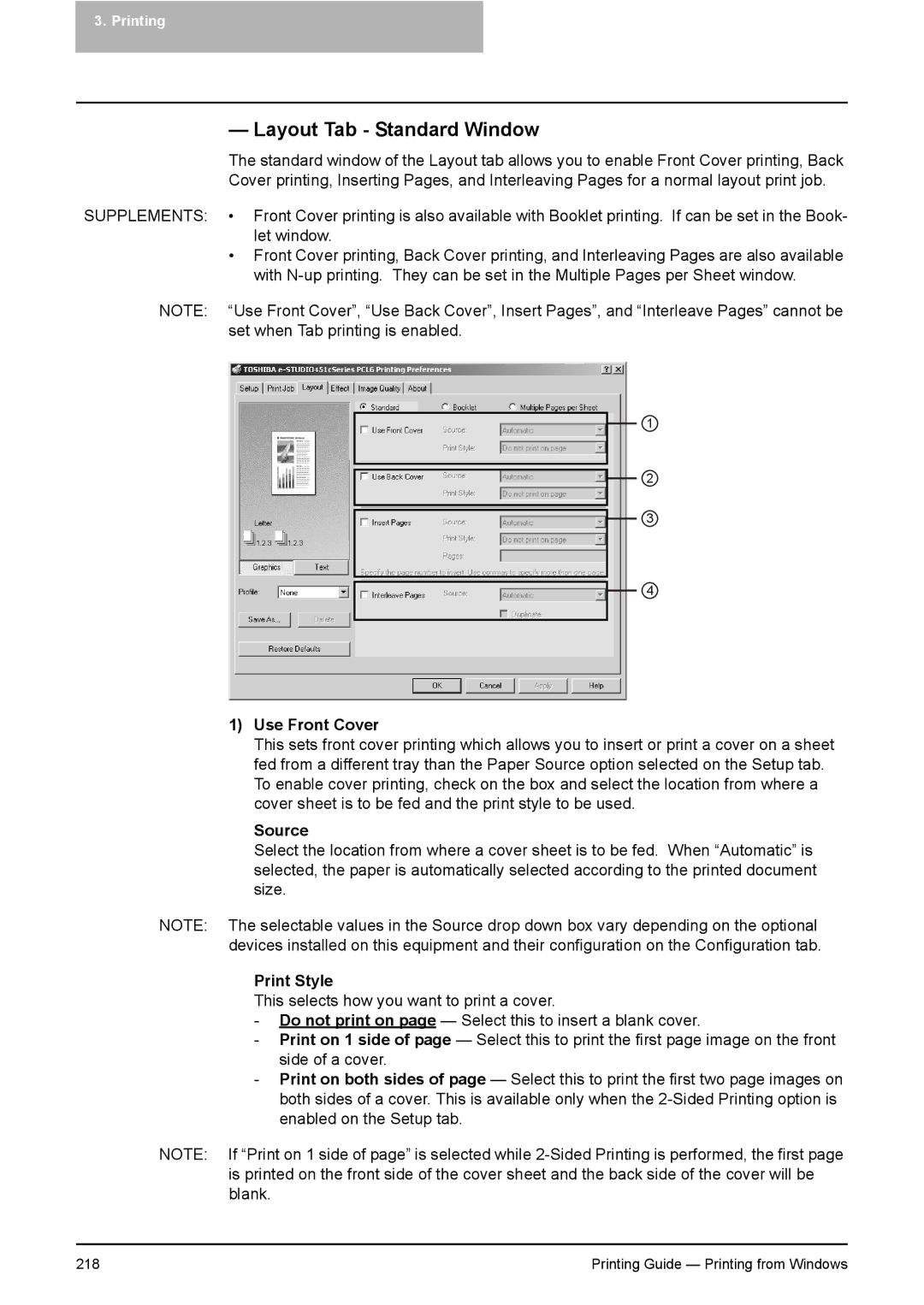 Toshiba 351C, 451C, 281C manual Layout Tab Standard Window, Use Front Cover, Source, Print Style 