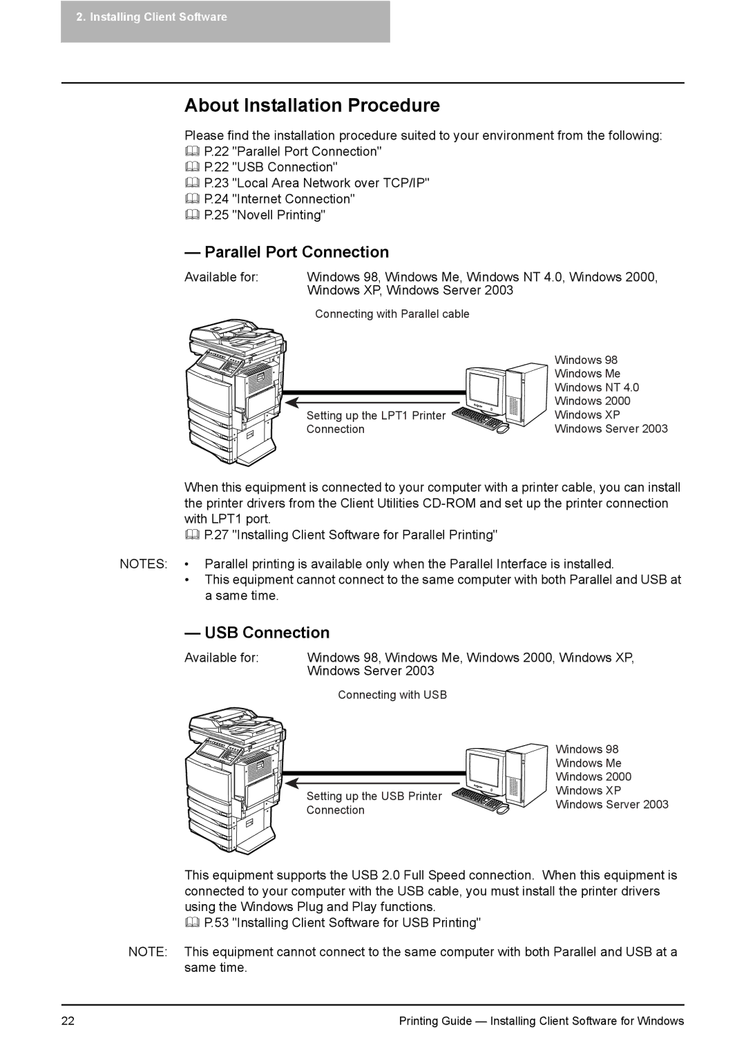 Toshiba 281C, 451C, 351C manual About Installation Procedure, Parallel Port Connection, USB Connection 