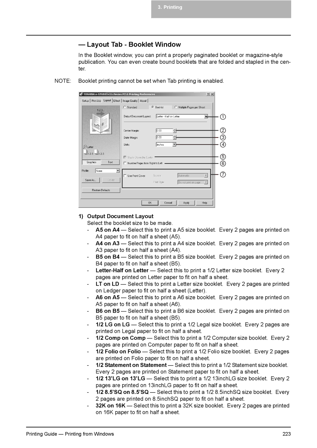 Toshiba 281C, 451C, 351C manual Layout Tab Booklet Window, Output Document Layout 