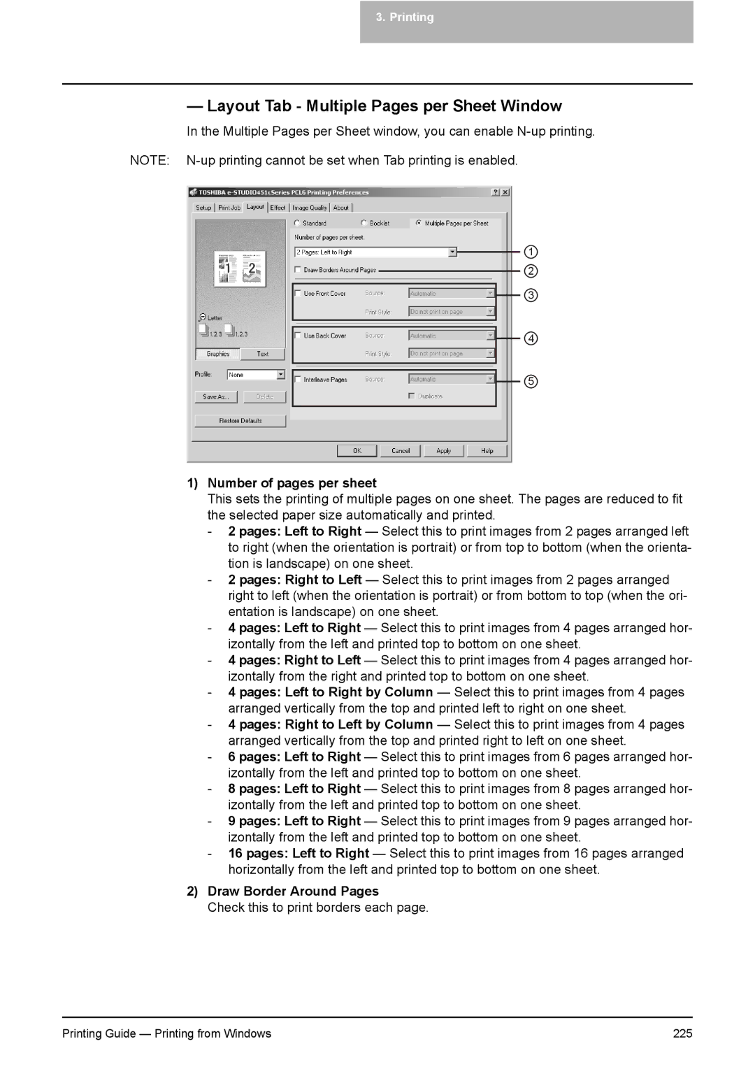 Toshiba 451C, 281C, 351C Layout Tab Multiple Pages per Sheet Window, Number of pages per sheet, Draw Border Around Pages 