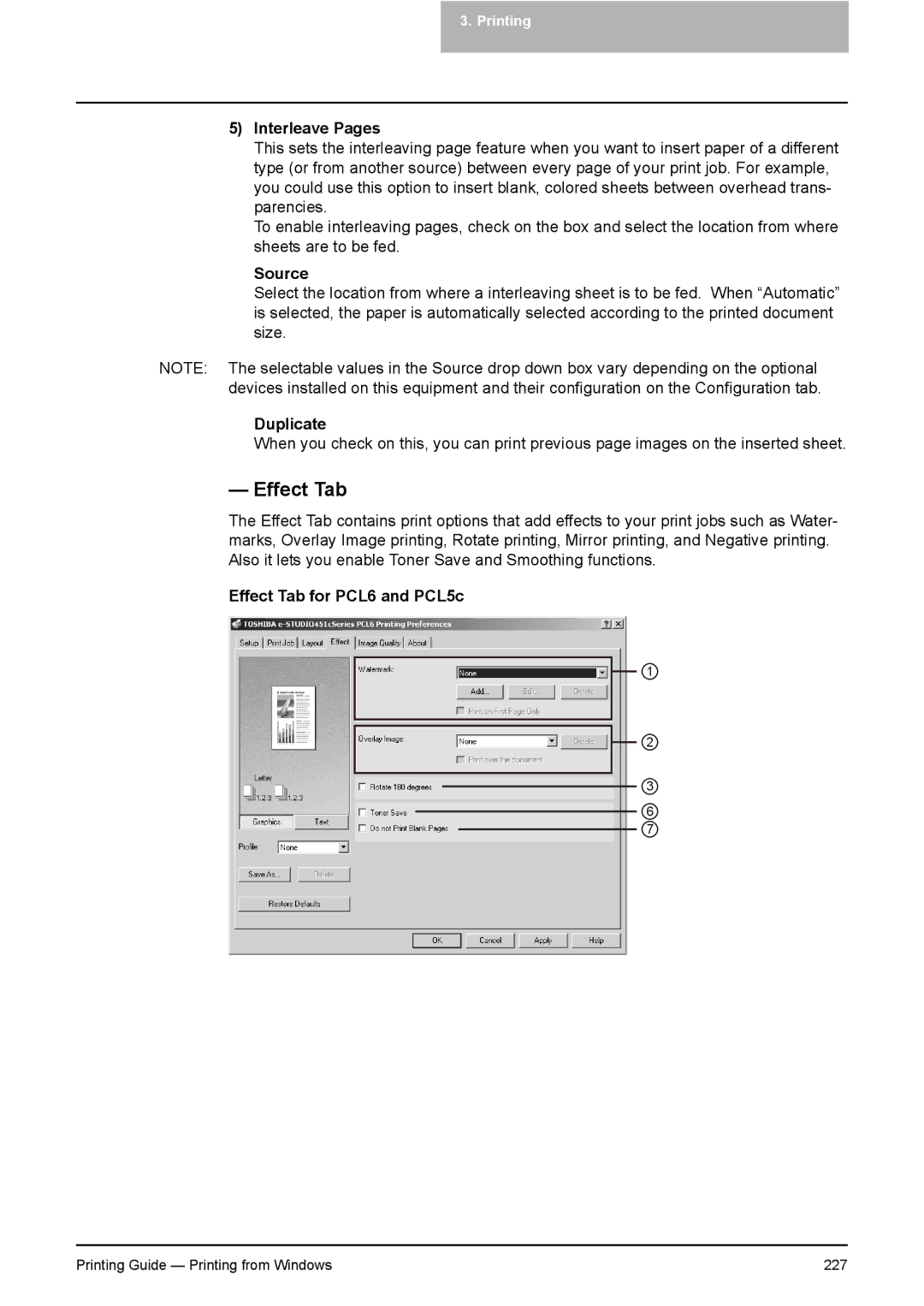 Toshiba 351C, 451C, 281C manual Effect Tab for PCL6 and PCL5c 