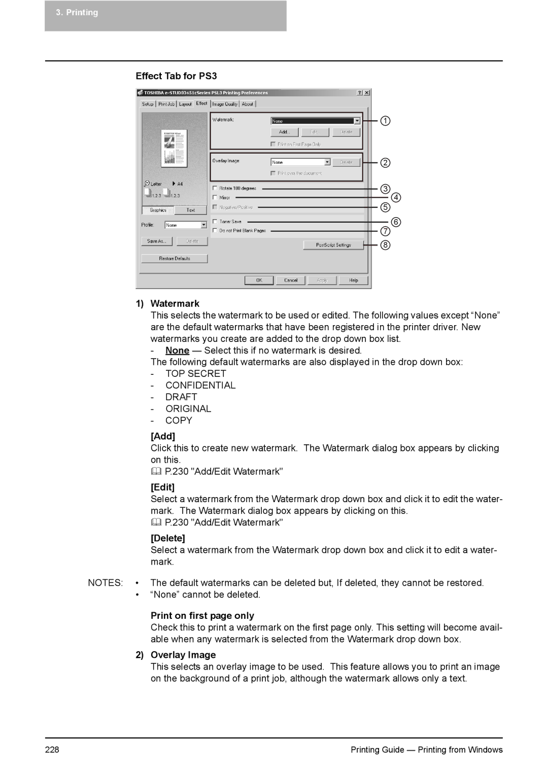 Toshiba 451C, 281C, 351C manual Effect Tab for PS3 Watermark, Add, Edit, Delete, Print on first page only, Overlay Image 