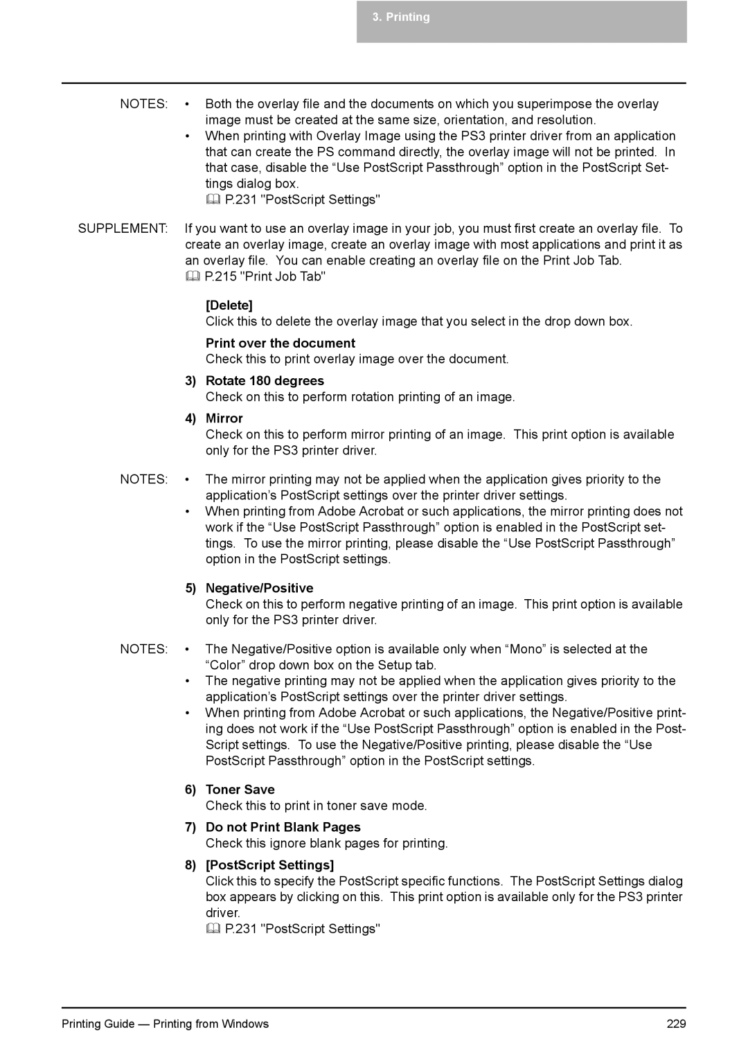 Toshiba 281C Print over the document, Rotate 180 degrees, Mirror, Negative/Positive, Toner Save, Do not Print Blank Pages 