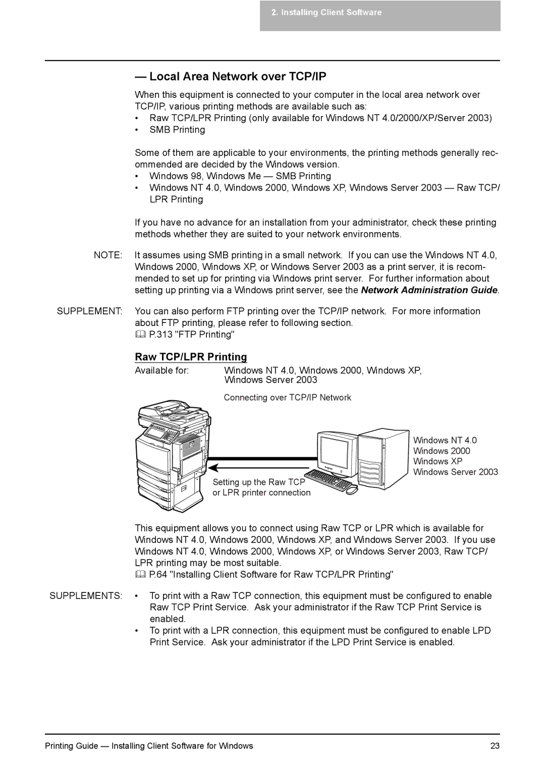 Toshiba 351C, 451C, 281C manual Local Area Network over TCP/IP, Raw TCP/LPR Printing 