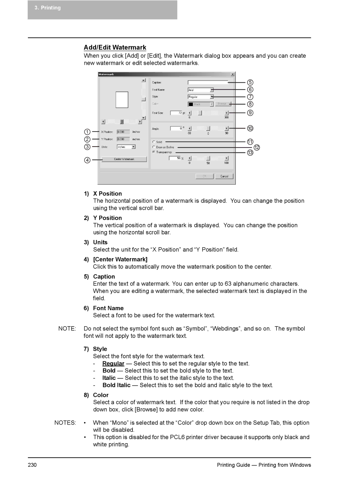 Toshiba 351C, 451C, 281C manual Position, Center Watermark, Caption, Font Name, Style 