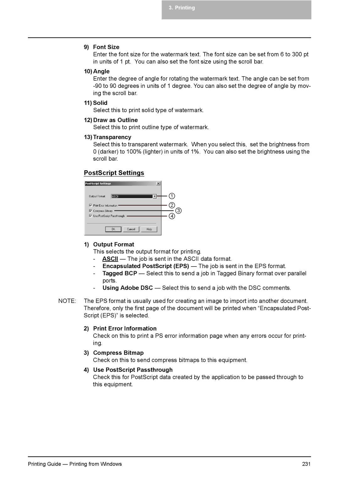 Toshiba 451C, 281C Font Size, 10Angle, Solid, 12Draw as Outline, 13Transparency, Output Format, Print Error Information 