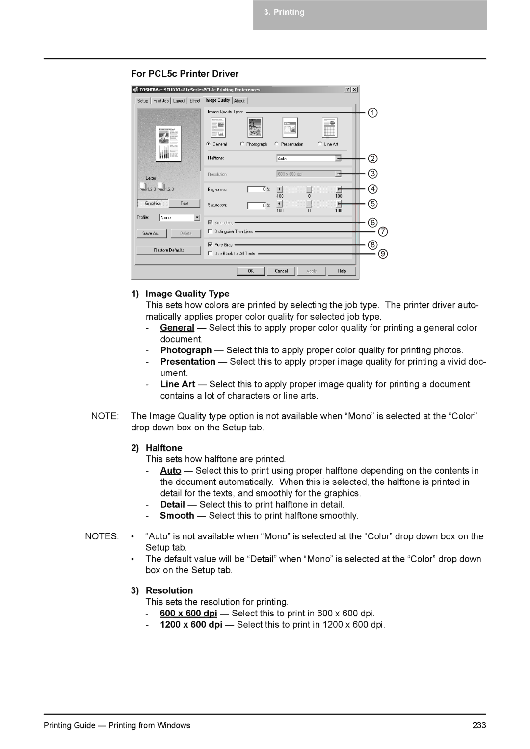 Toshiba 351C, 451C, 281C manual For PCL5c Printer Driver Image Quality Type 