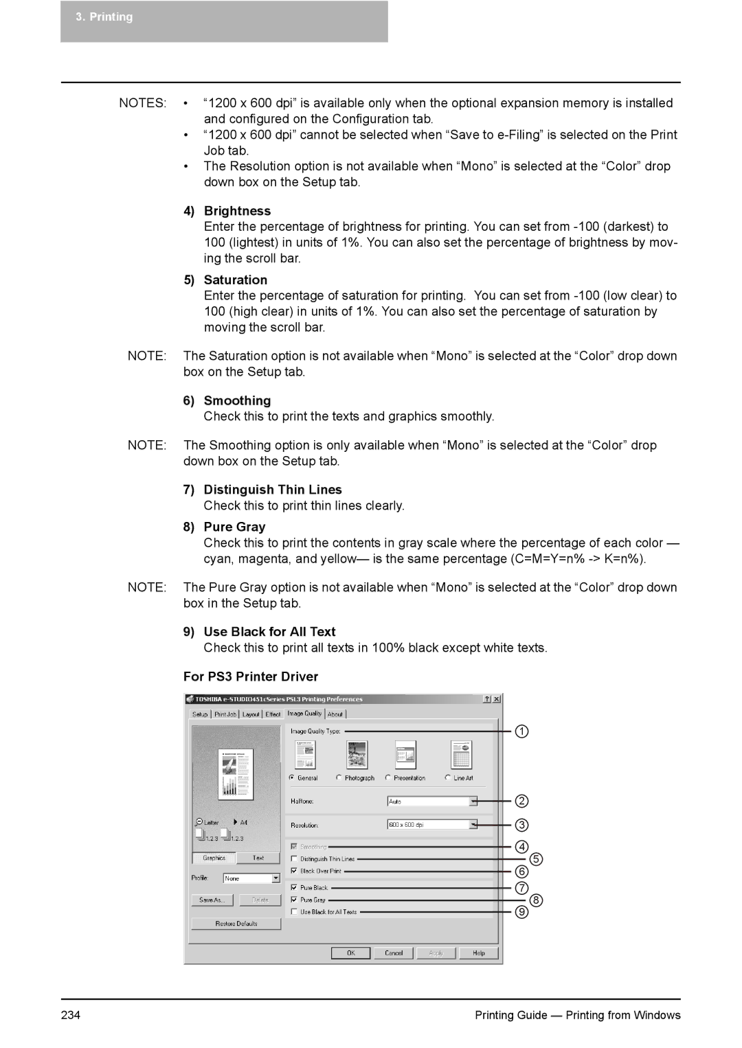 Toshiba 451C, 281C, 351C manual Brightness, Saturation, Pure Gray, For PS3 Printer Driver 