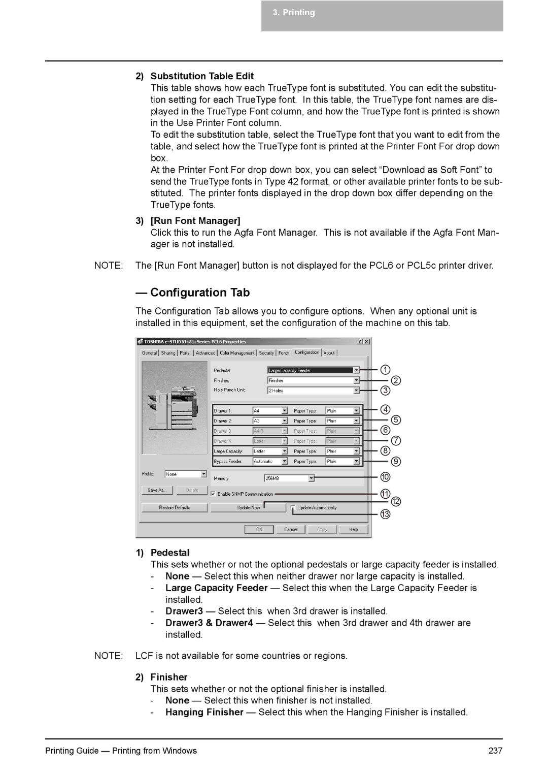 Toshiba 451C, 281C, 351C manual Configuration Tab, Substitution Table Edit, Run Font Manager, Pedestal 