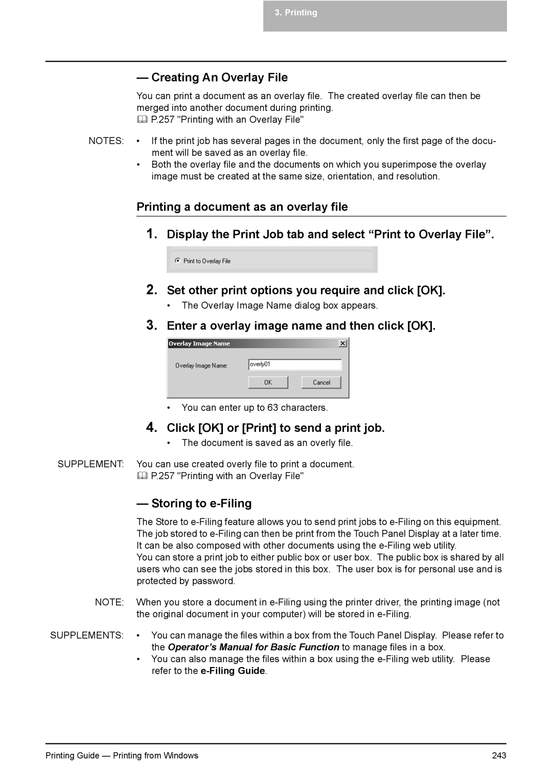 Toshiba 451C, 281C, 351C manual Creating An Overlay File, Enter a overlay image name and then click OK, Storing to e-Filing 