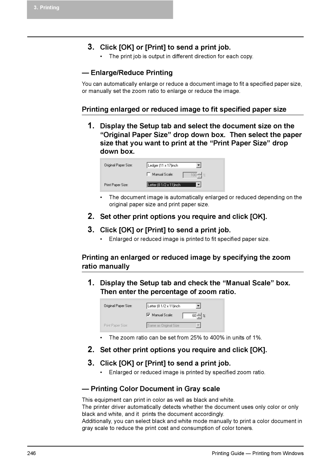 Toshiba 451C, 281C, 351C manual Enlarge/Reduce Printing, Printing Color Document in Gray scale 