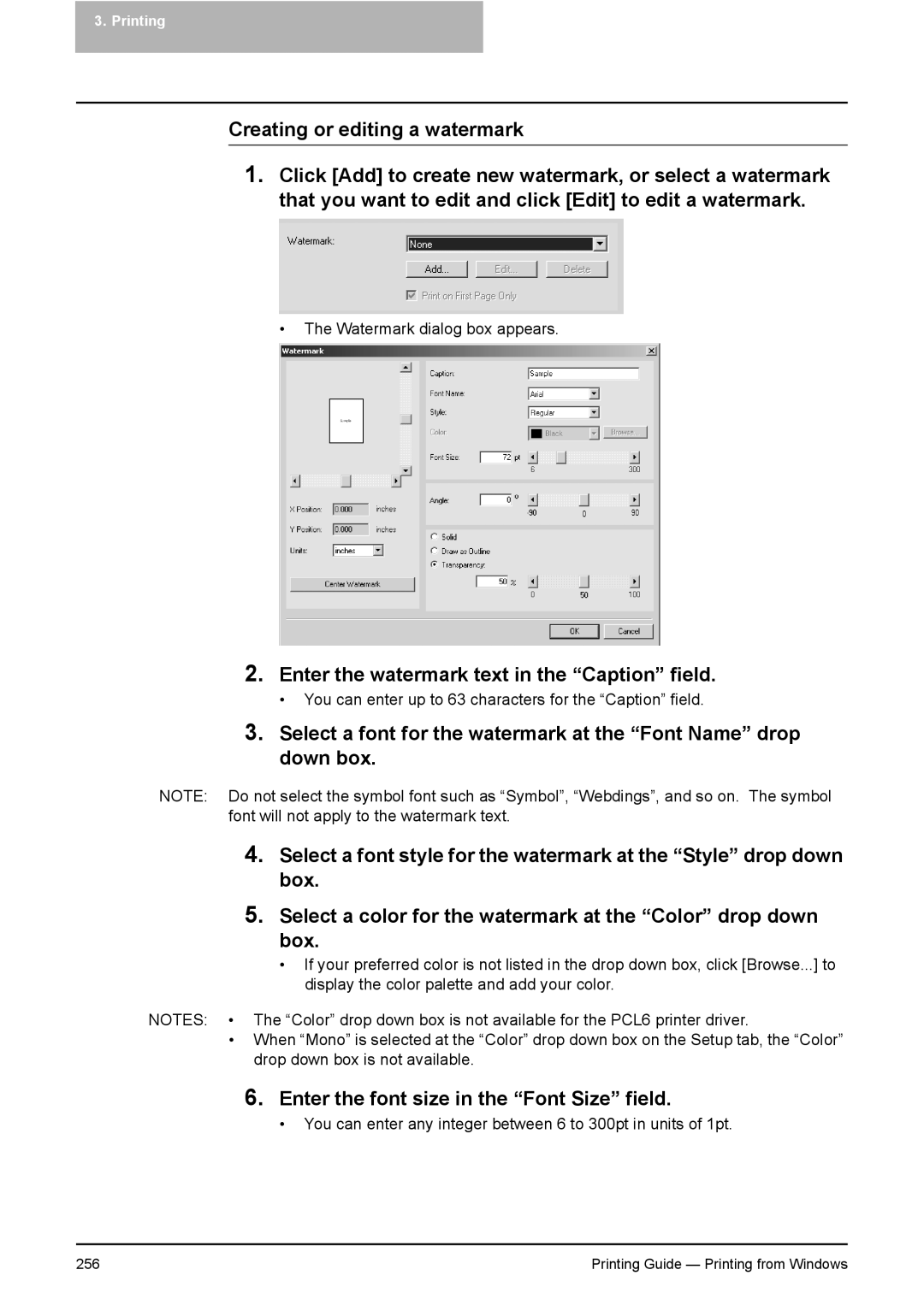 Toshiba 281C, 451C, 351C manual Enter the watermark text in the Caption field, Enter the font size in the Font Size field 