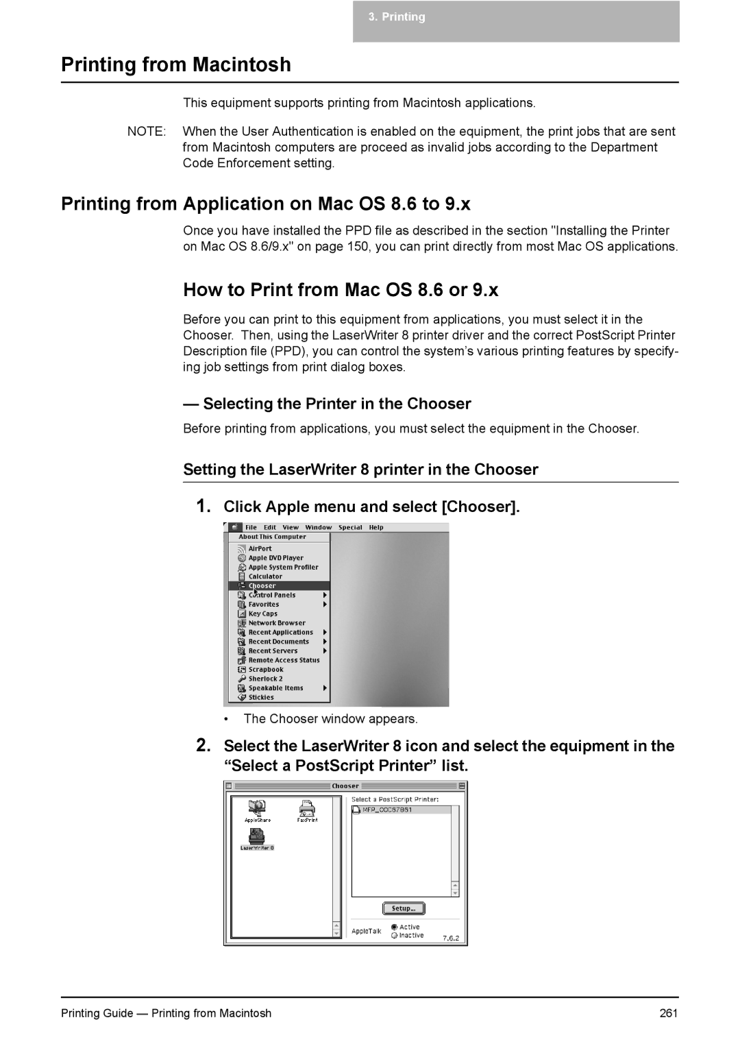 Toshiba 451C, 281C, 351C manual Printing from Application on Mac OS 8.6 to, How to Print from Mac OS 8.6 or 