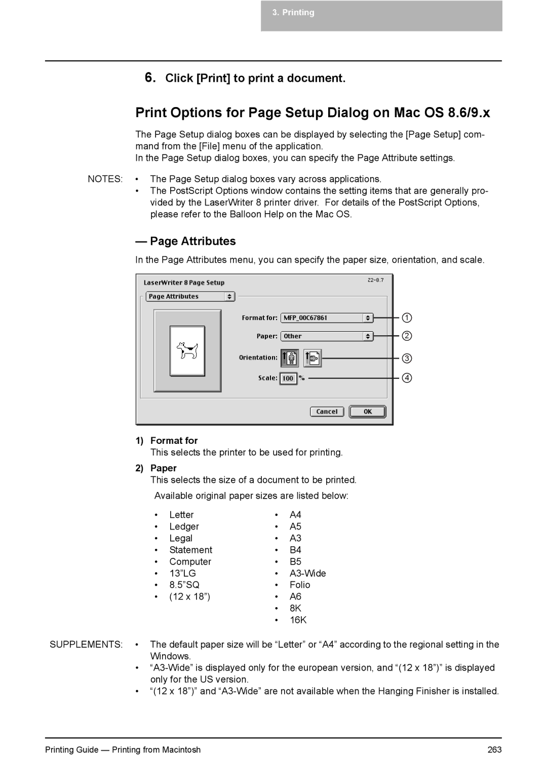 Toshiba 351C Print Options for Page Setup Dialog on Mac OS 8.6/9.x, Click Print to print a document, Attributes, Paper 