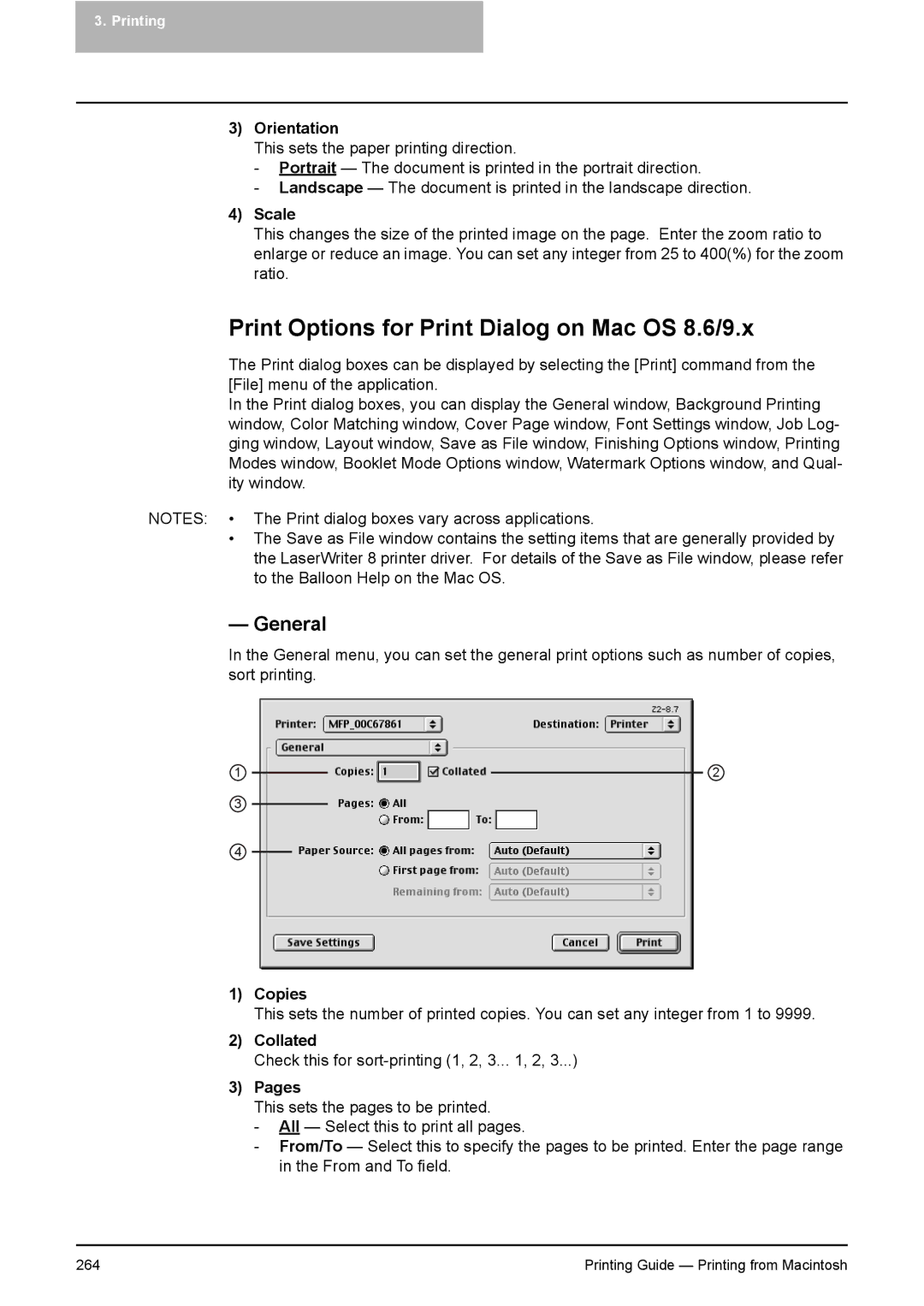 Toshiba 451C, 281C, 351C manual Print Options for Print Dialog on Mac OS 8.6/9.x, General, Scale, Copies, Collated 