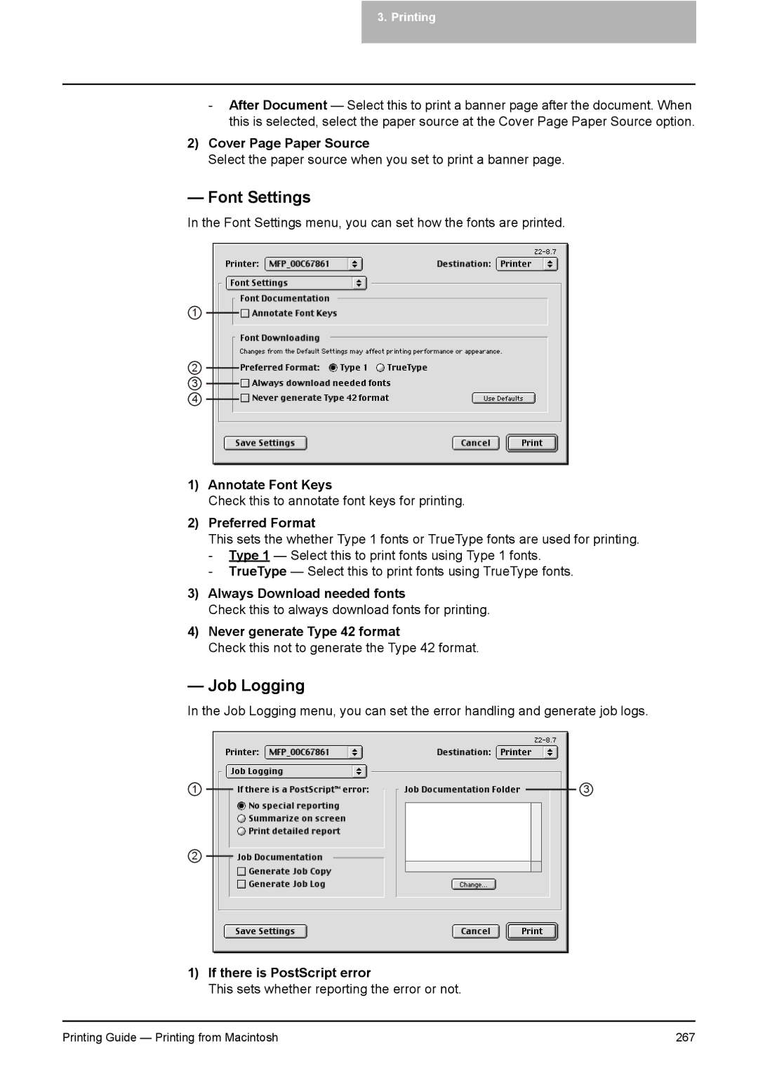 Toshiba 451C, 281C, 351C manual Font Settings, Job Logging 