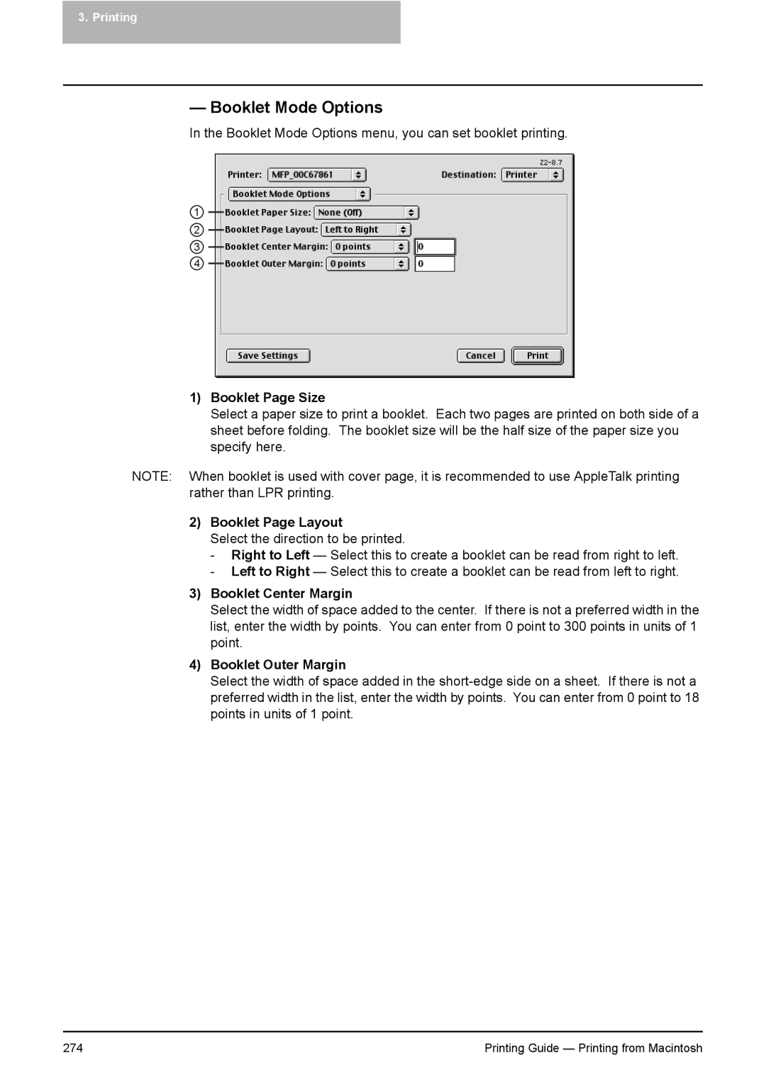 Toshiba 281C Booklet Mode Options, Booklet Page Size, Booklet Page Layout, Booklet Center Margin, Booklet Outer Margin 