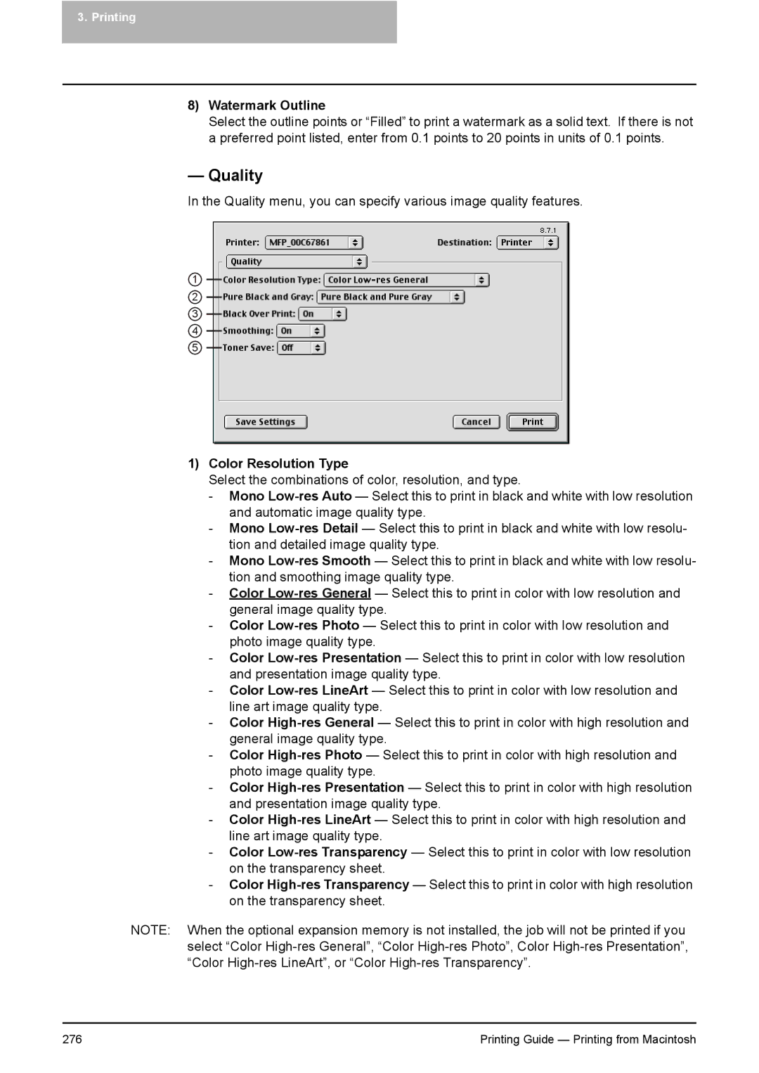 Toshiba 451C, 281C, 351C manual Quality, Watermark Outline, Color Resolution Type 