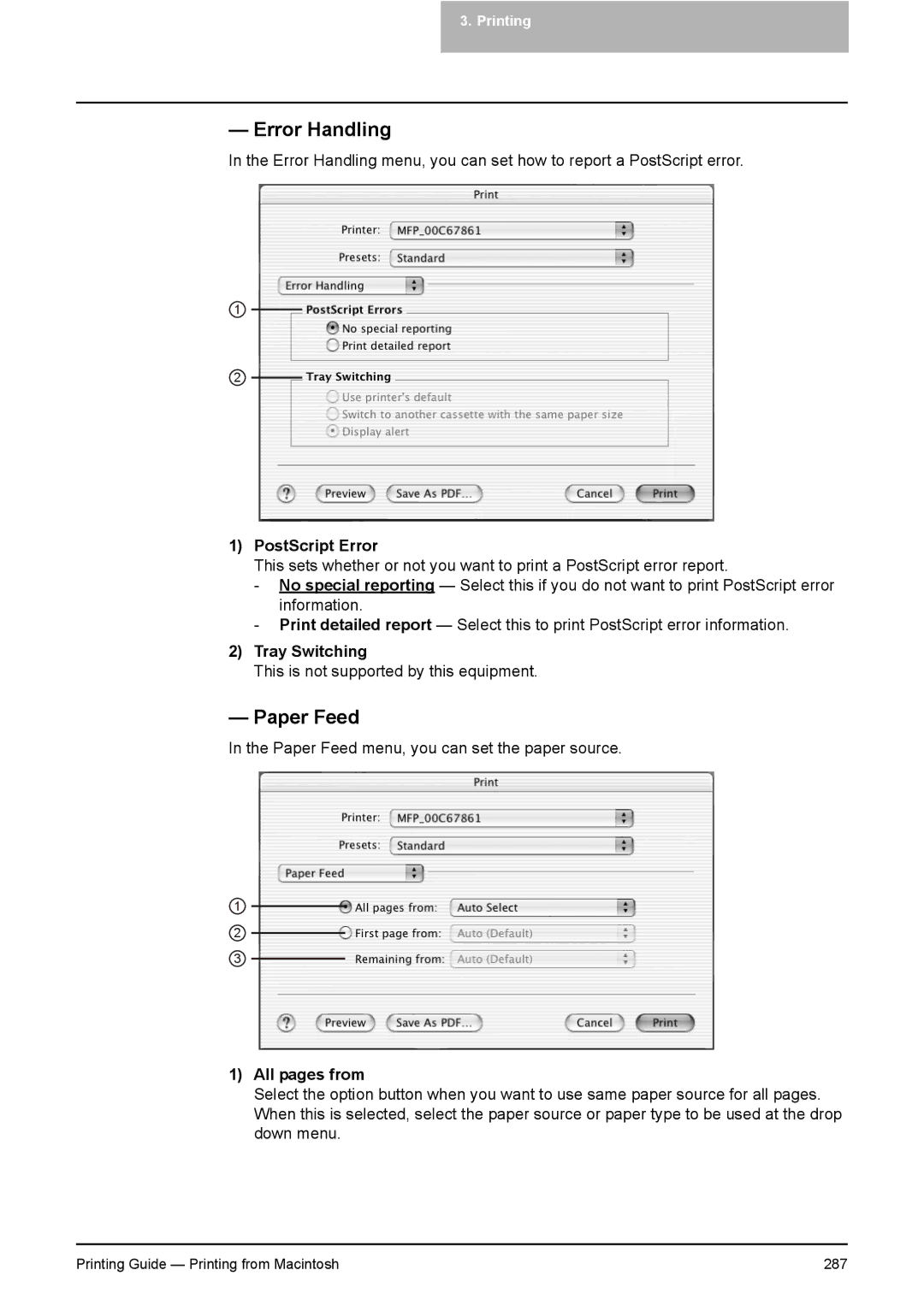 Toshiba 351C, 451C, 281C manual Error Handling, Paper Feed, PostScript Error, Tray Switching, All pages from 